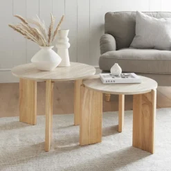 2 tables bois / effet travertin Salon