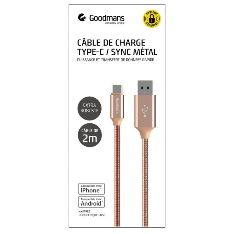 Cable usb a to type c 2 m metal Audio, Téléphonie