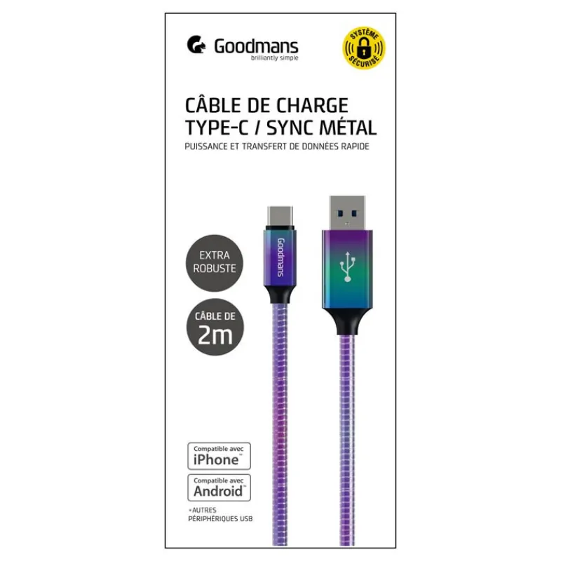 Cable usb a to type c 2 m metal Audio, Téléphonie