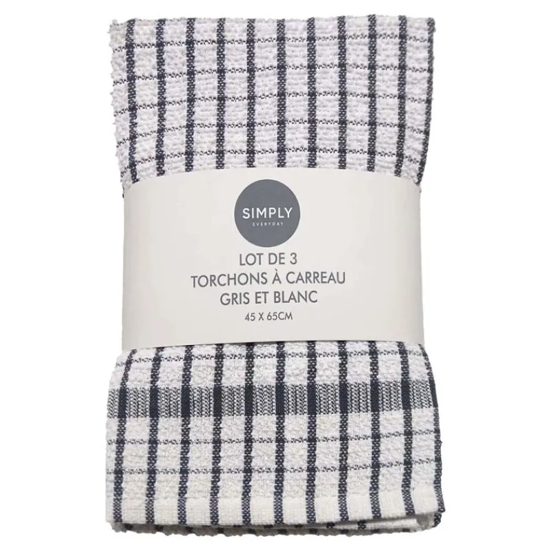 Outlet Lot de 3 torchons a carreau gris Linge De Table, Cuisine·Torchon